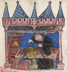 Średniowieczny uczony dokonujący precyzyjnych pomiarów za pomocą cyrkla, ilustracja z XIV-wiecznego manuskryptu. Fot. commons.wikimedia.org.