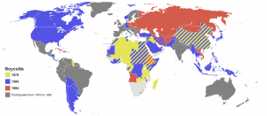 Mapa państw bojkotujących poszczególne igrzyska od 1976 do 1984 roku