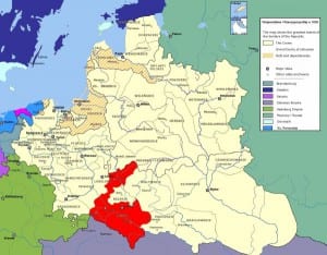 Mapa Rzeczypospolitej Obojga Narodów w 1635 r. z wyróżnionym województwem ruskim. Fot.: commons.wikimedia.org
