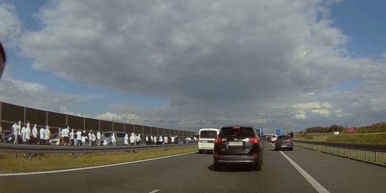 Kierowcy jadący autostradą A2 nieźle się zdziwili. Nagle ich oczom ukazała się wielka grupa pseudokibiców! Bijatyka wisiała w powietrzu [WIDEO]