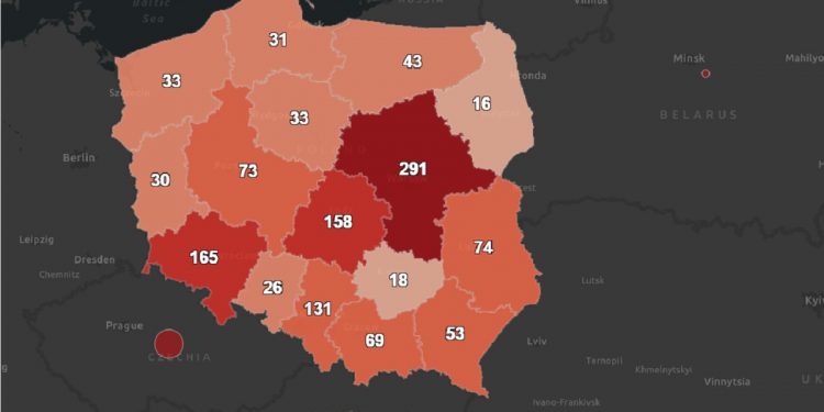 mapa zakażeń koronawirusem w Polsce