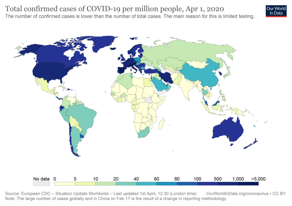 Potwierdzone przypadki COVID-19 na milion mieszkańców