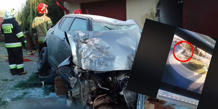 Wypadek w Rąbieniu. Samochód przeleciał przez rondo i wpadł do… kościoła [WIDEO]