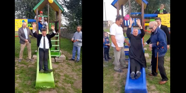 Wójt i proboszcz testowali nowy plac zabaw. „Hit internetu” [WIDEO]