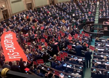 Gorąco w Sejmie. Opozycja przyniosła transparent. Braun wykluczony. „Dziecinada”