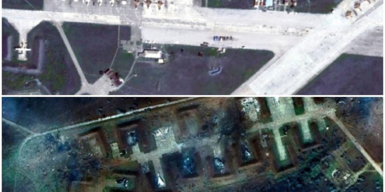 Zdjęcia satelitarne zniszczonej bazy wojskowej na Krymie