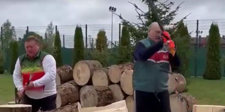 Łukaszenka rąbie drewno „dla Europy”. „Żeby Duda i Morawiecki nie zamarzli” [WIDEO]