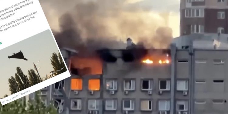 Rosyjski dron uchwycony na zdjęciu w Kijowie tuż przed wybuchem. „Na jednym wraku był napis” [FOTO]